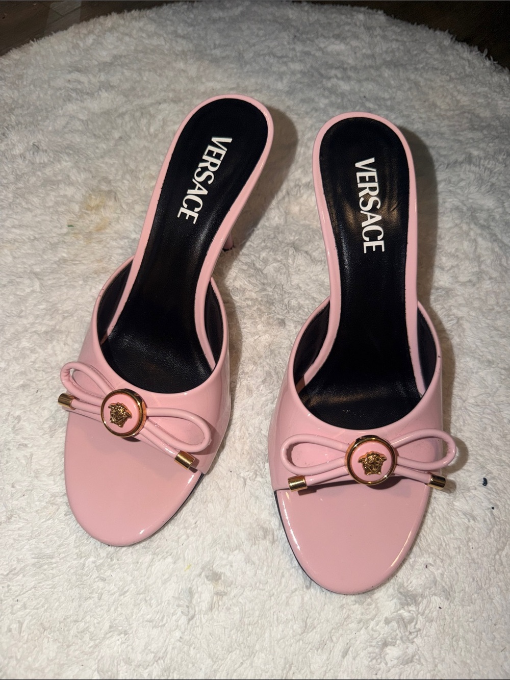 Versace Pink Patent Slide Mules with Gold Medusa Accent
